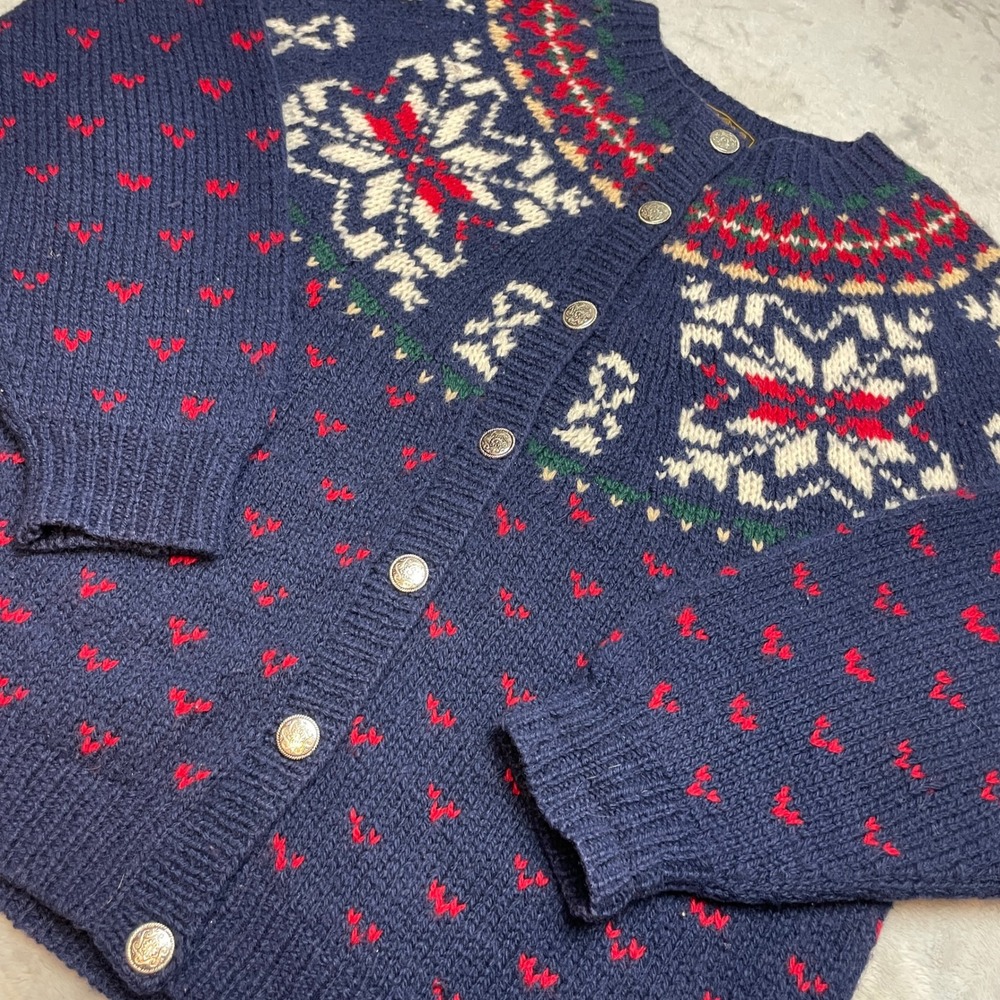 Vtg Eddie Bauer Womens 100% Wool Nordic Cardigan Size M Blue Fair Isle Sweater